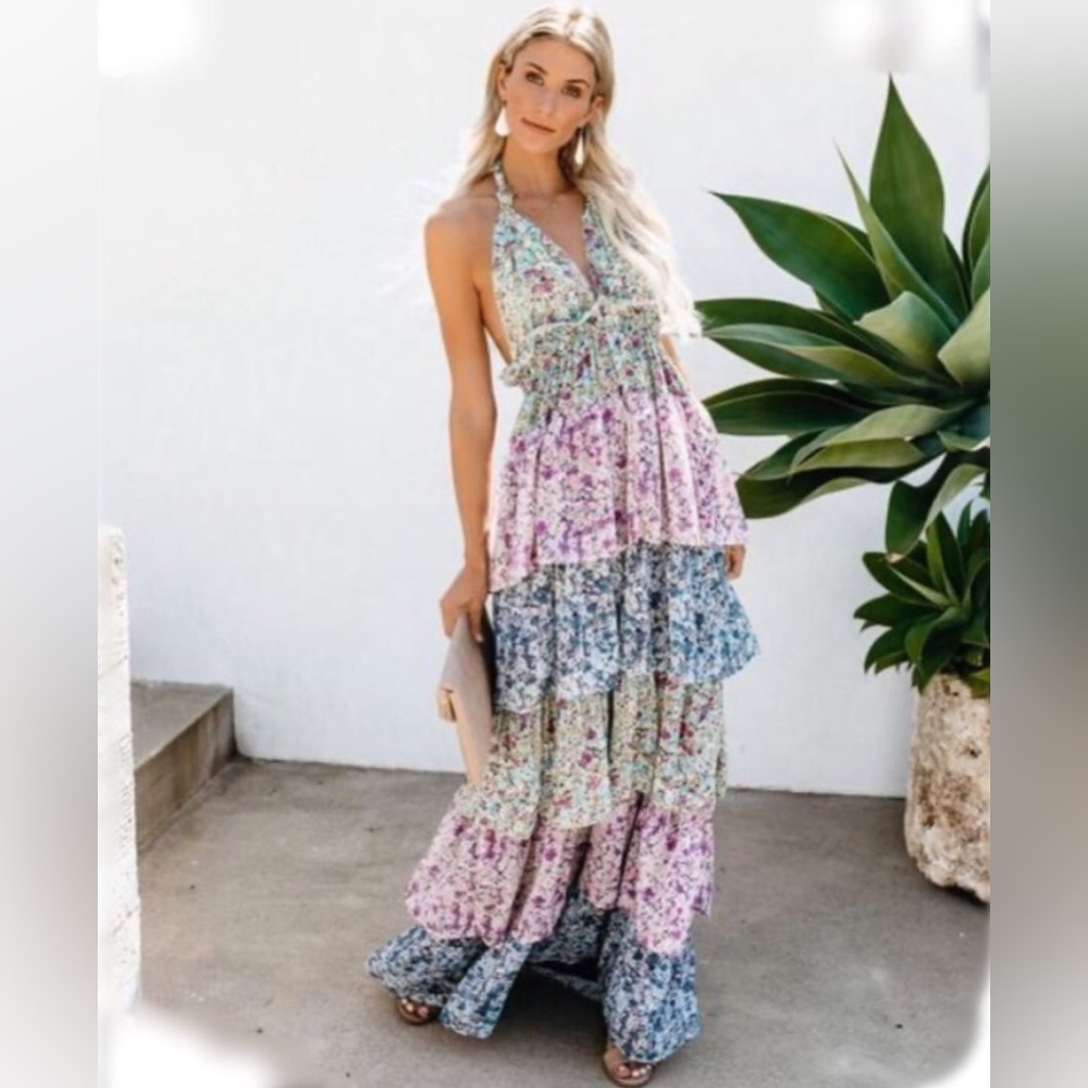 NWT- LUXXEL Glitter and Glitz Halter Tiered Maxi Dress Sz M